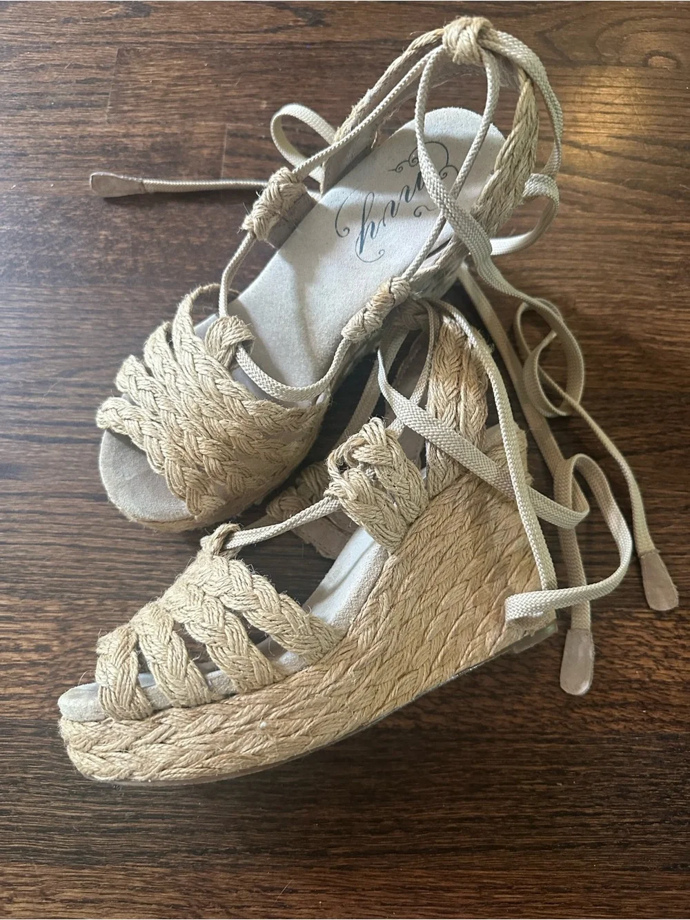 Envy Beige Braided Espadrille Wedge Sandals with Ankle Tie 6.5